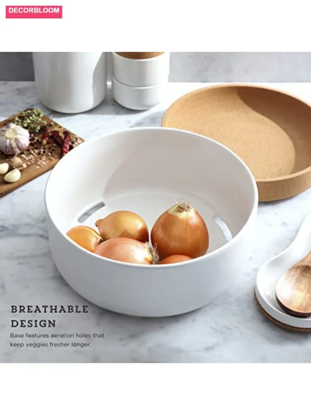 Large 2-Compartment Produce Bowl with Cork Lid Extends Freshness